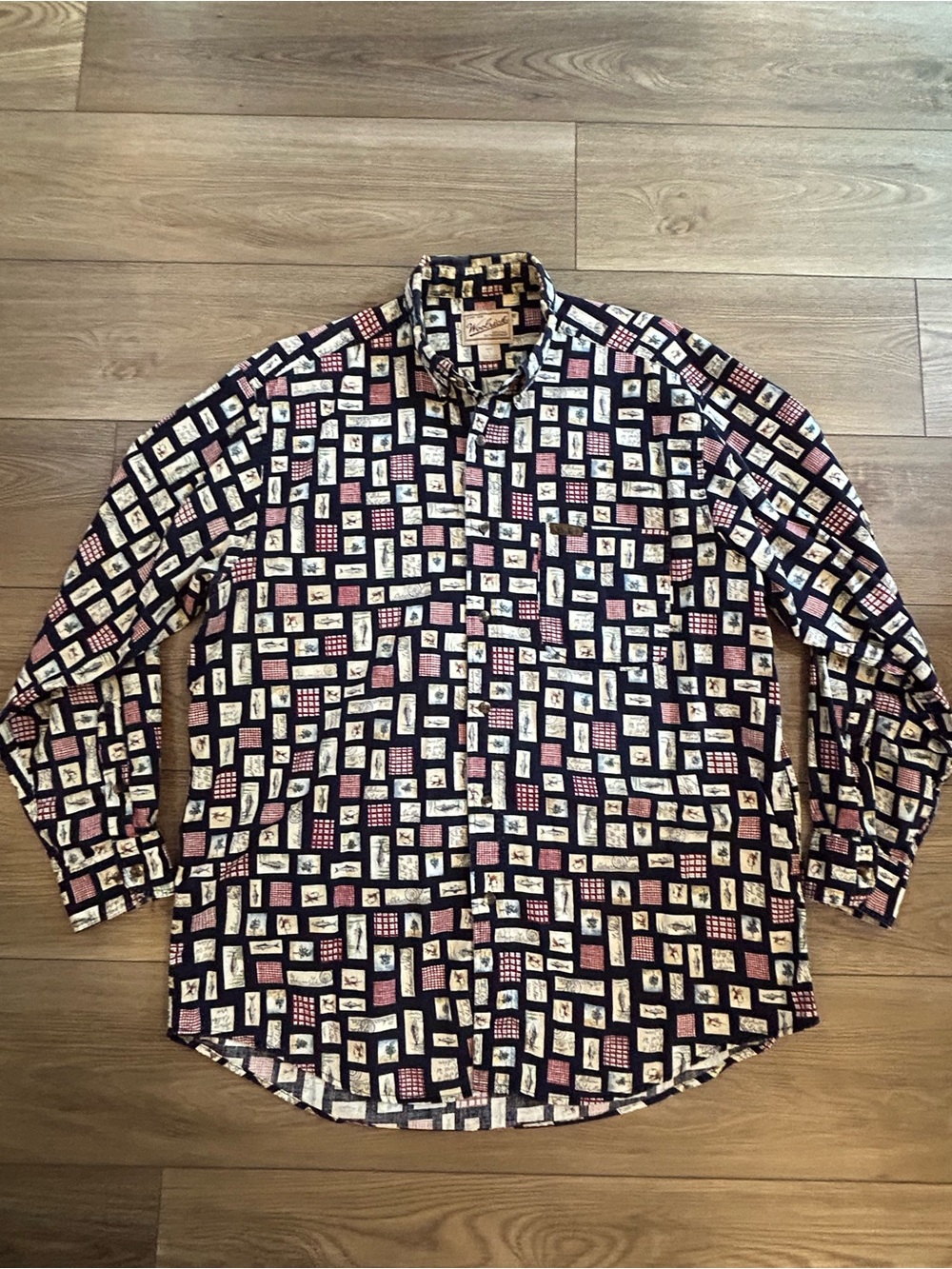 Vintage 90s Woolrich Fishing Print Button Front Shirt Men’s L Cotton